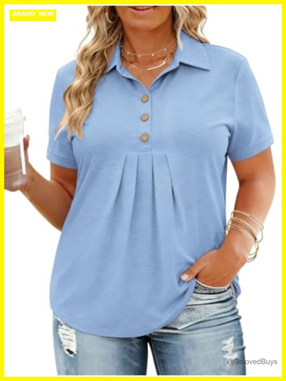 Womens Plus Size Polo V Neck Button Down Pleated Tunic Blouse